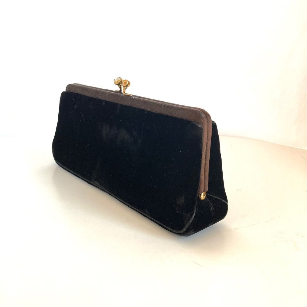 VTG Morris Moskowitz MM Black Velour Evening Clutch with Rhinestone Kiss Lock